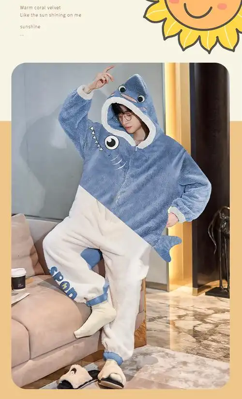 原创冬季新款法兰绒男士连体睡衣卡通可爱鲨鱼加厚家居服连体衣 - 17