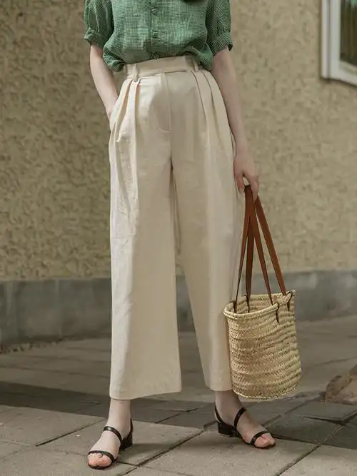 法式气质卡其色直筒裤女夏薄款宽松休闲高腰显瘦棉麻阔腿裤九分裤