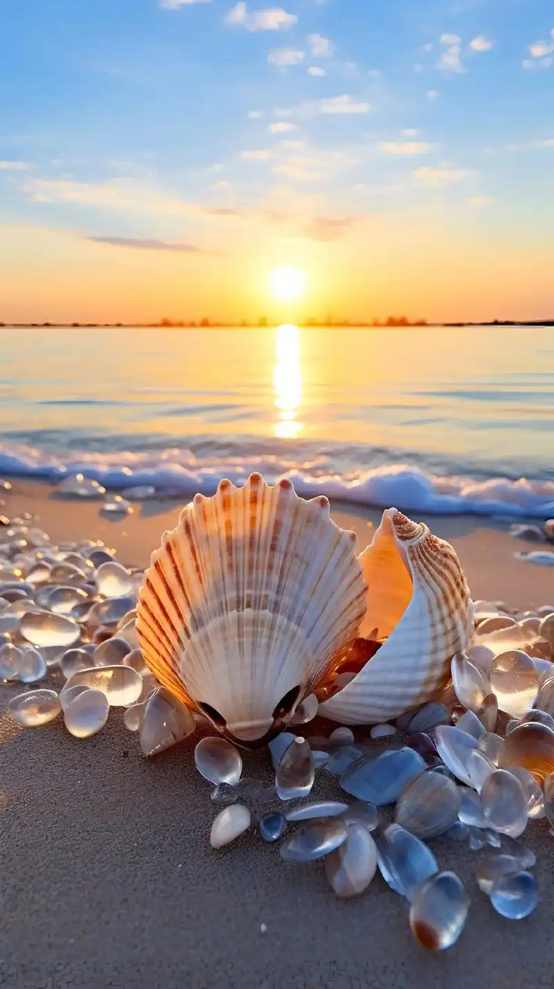 在金黄色的沙滩上,有许多五彩缤纷的贝壳,它们静静地躺在那儿# - 抖音