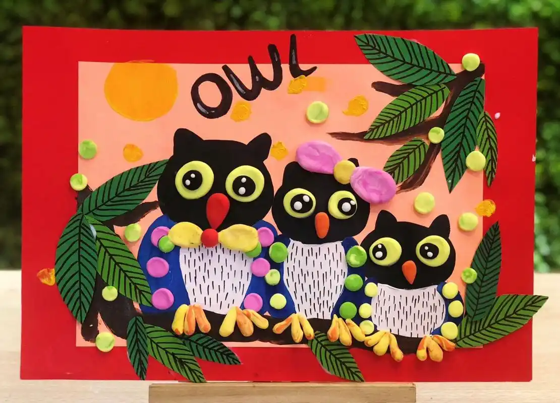 3-4岁儿童启蒙绘画作品 水粉77手工77线条——《猫头鹰01》