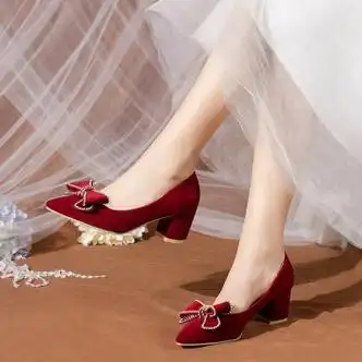 粗跟秀禾主婚纱两穿2024新款夏季红色低跟蝴蝶结可穿新娘鞋红色5cm34