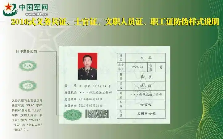 2016式军官证义务兵证士官证文职人员证职工证防伪样式说明