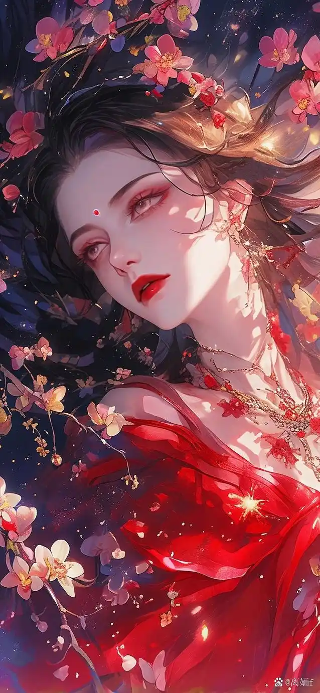 美图分享 唯美古风美人壁纸 在这繁花似锦的画卷中,一位红衣女子,躺在