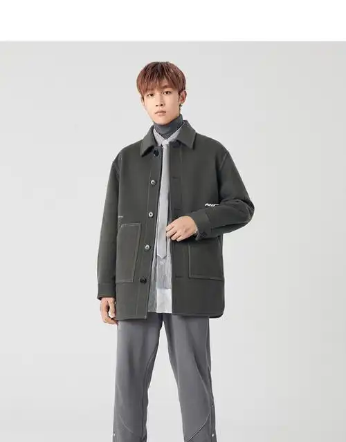 太平鸟男装毛呢大衣男短款刺绣羊毛大衣翻领夹克韩版明线外套潮灰色m