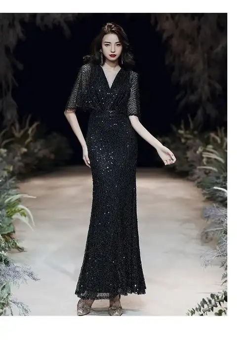 黄花地鱼尾裙长款晚礼服晚礼服女2022新款气质优雅修身宴会年会主持人