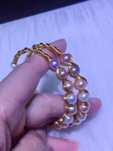 天奇珍珠 淡水珍珠手镯 14k注金绕丝手镯简约优雅