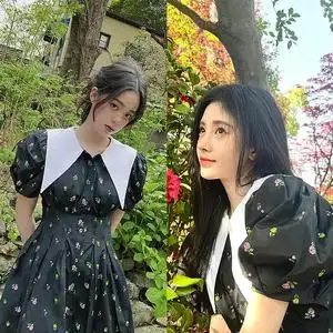 鞠婧祎欧阳娜娜同款黑色碎花连衣裙茶歇法式泡泡袖收腰a字裙夏季
