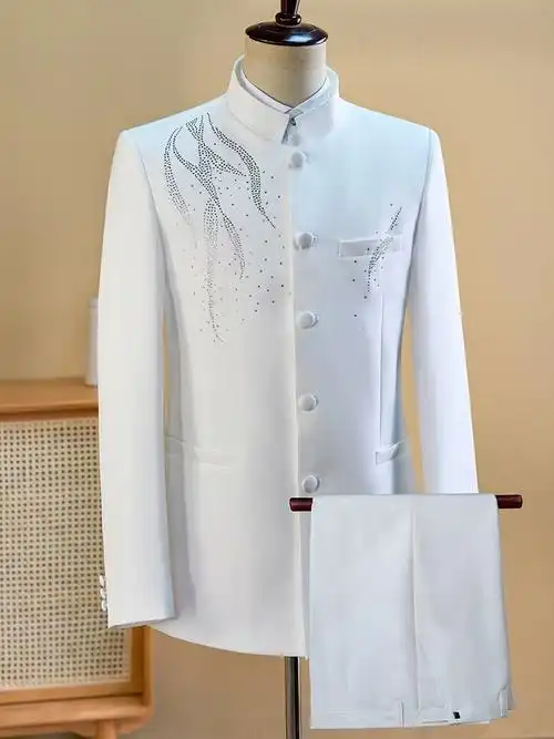 表演服白色演出服男中国风立领红歌合唱团主持礼服舞台 - 男装 - 备货