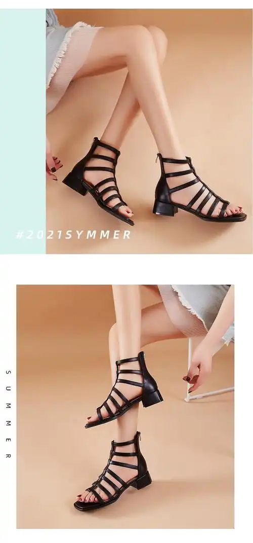 达芙妮罗马凉鞋女粗跟中跟2021年新款夏季学生气质小众后拉链女鞋