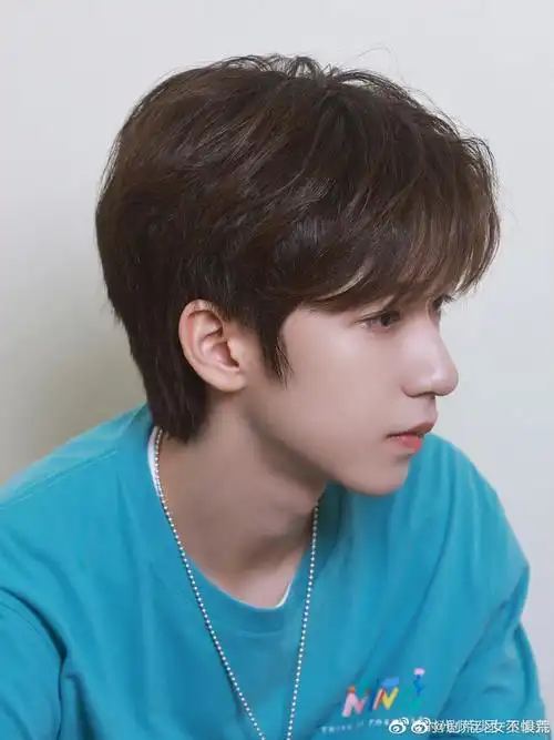 贺峻霖正脸vs侧脸#贺峻霖今日营业照,蓝色短袖清新帅气,比耶好可 !