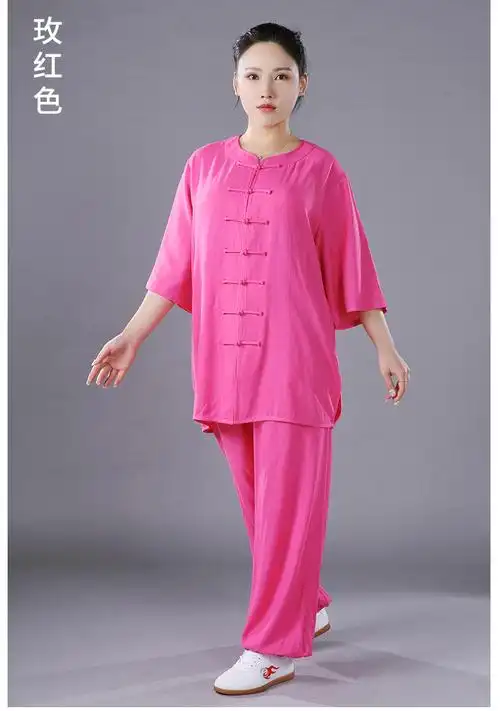 武极堂同款太极服女夏季棉麻中袖武术服低领短袖透气练功服男士太极拳