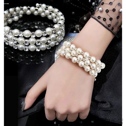 复古时尚三排仿珍珠子手镯水钻手链多层缠绕螺旋手环手圈