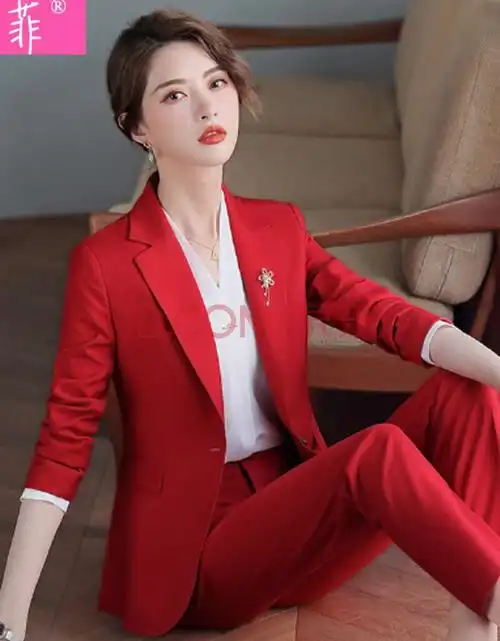 秦菲 职业装套装女春秋新款季时尚气质红色小西装上班面试西服工作服