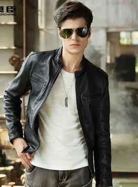 莫臣男士真皮皮衣韩版修身帅气机车立领短款皮夹克潮流外套男装
