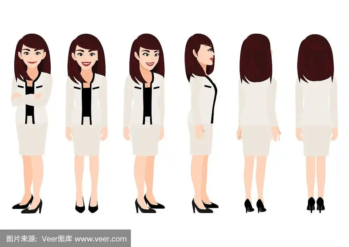 卡通人物与商业妇女在动画的西装.正面,侧面,背面,3-4视图字符.