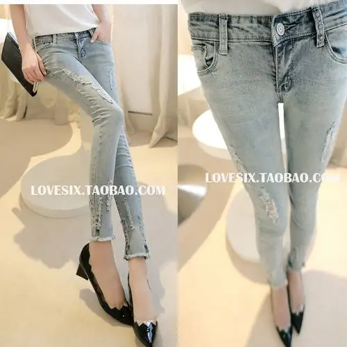 十方淘活动分享 新款 牛仔裤透明实拍铅笔裤欧洲站精品小脚 修身裤子
