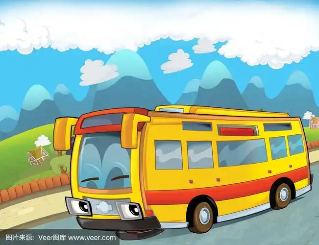 卡通滑稽的公共汽车行驶在城市