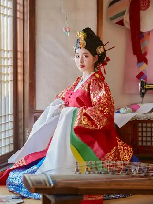 金色勾花✨
高盘的发髻与精致发饰💕
搭配典型朝鲜风格的内外