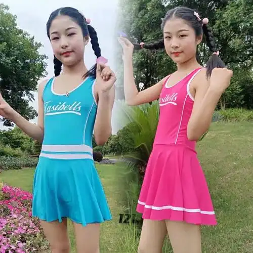 新儿童泳衣女中大童女孩连体裙式游泳衣少女运动拼色字母泳装学生