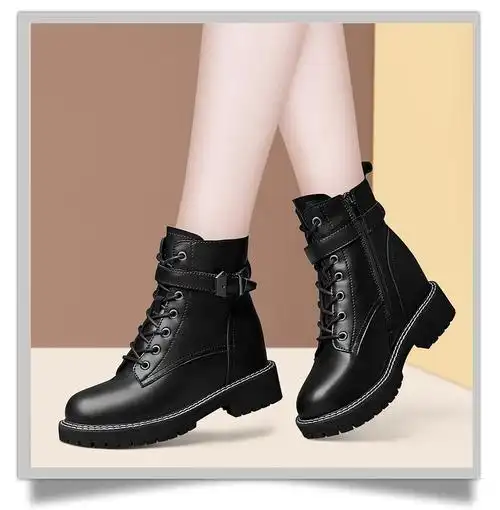 短靴女2022秋冬季新款女鞋子厚底内增高马丁靴女英伦风皮鞋皮靴加绒