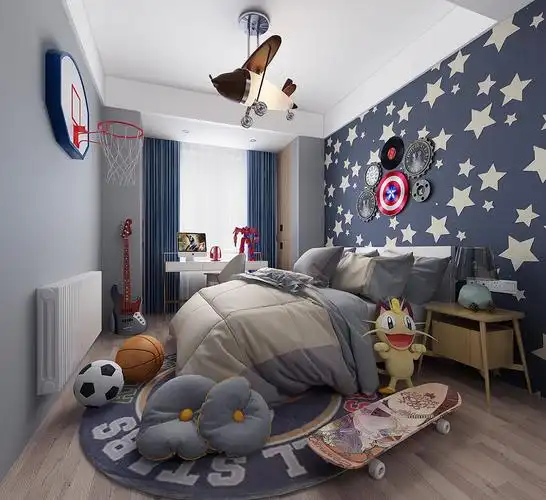 z05-0507北欧现代儿童房男孩房卧室暖气足球滑板车篮球框飞机吊顶
