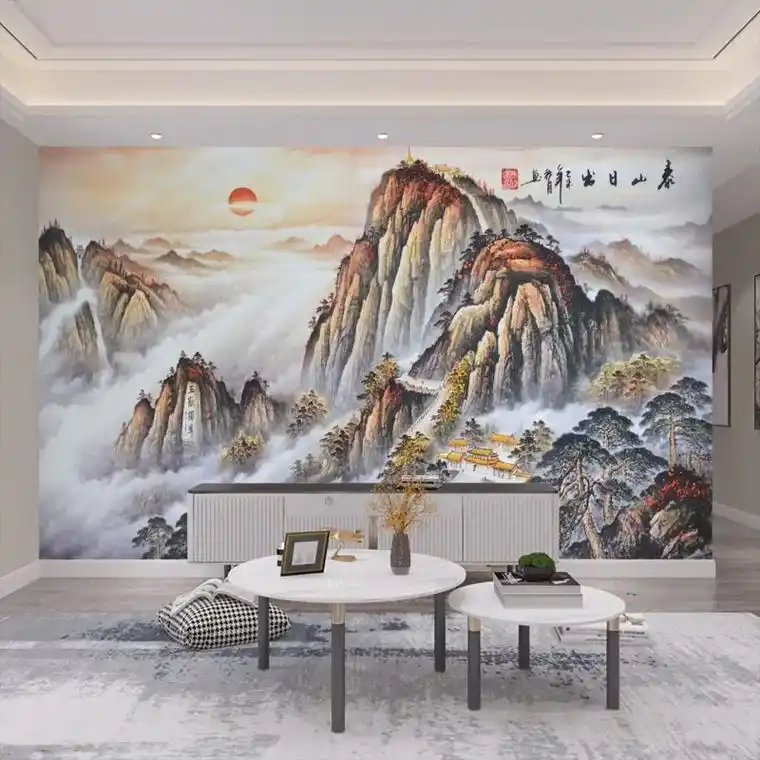 大气客厅电视背景墙壁画沙发壁布酒店养生馆背景墙墙面装饰山水画