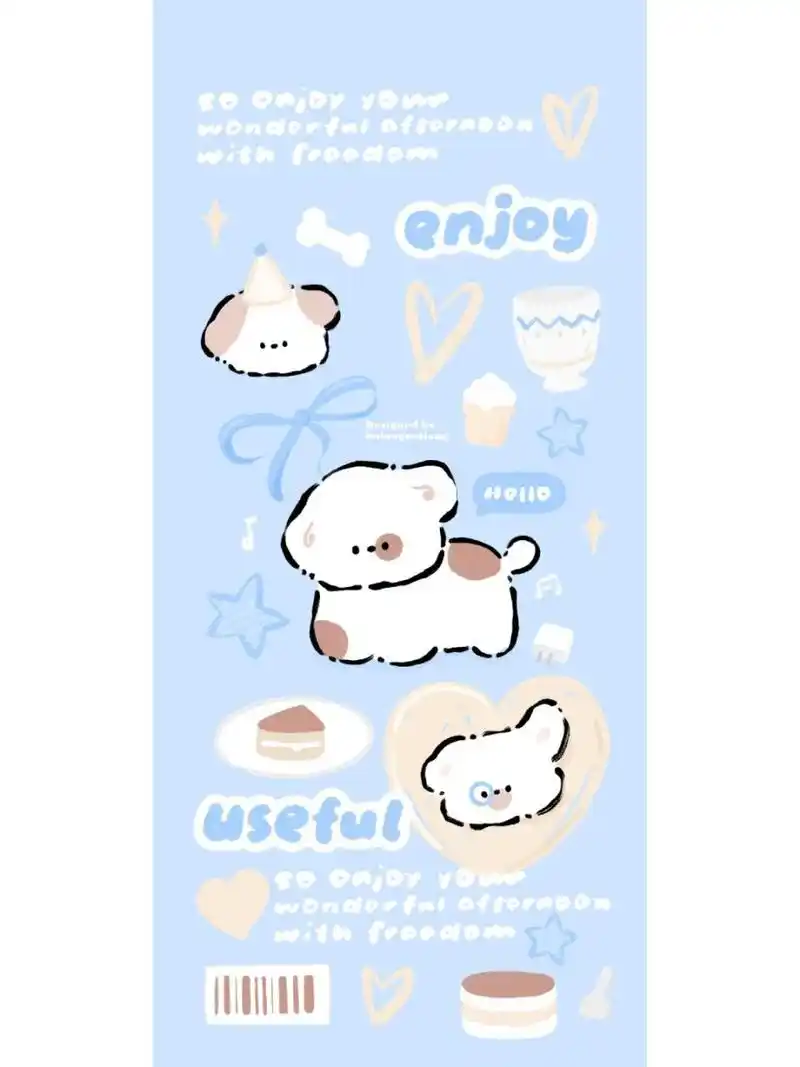 371期95ins风奶油涂鸦小狗锁屏壁纸 小狗狗的早餐系列蓝底版 #ins风