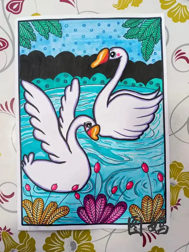 创意美术 #一起学画画 #马克笔儿童画  天鹅 - 抖音