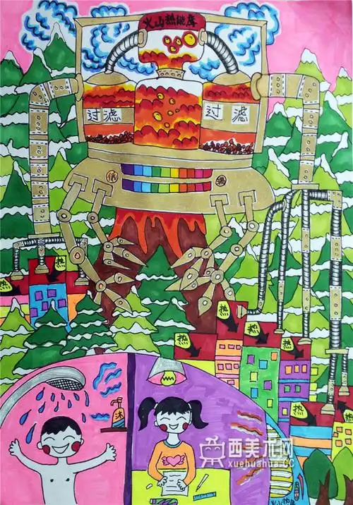 小学生获奖科幻画《火山热能供暖系统》
