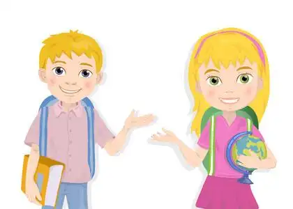 女生和男生卡通可爱男生和女生男生和女生玩双筒望远镜学生小学.