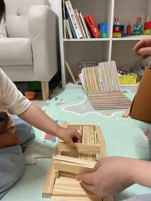 今天阿姨来家里做客,珍珠拉着阿姨就要搭积木阿姨说来个简单点的吧