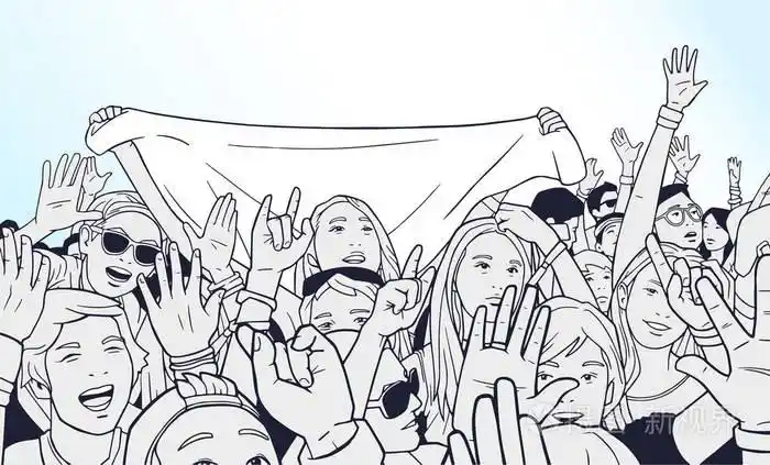 在音乐节的混合种族人群的欢呼声与插图举手
