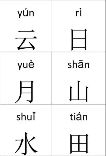 反面是对应组词,英文 yún rì 云 yuè 日 shān 月 shu