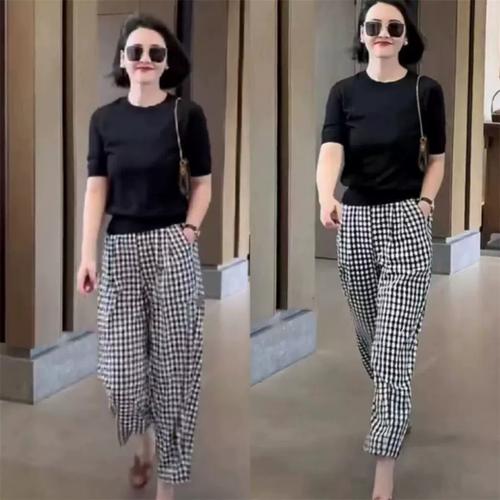 2024年夏新款时尚洋气纯色圆领短袖t恤休闲宽松格裤显瘦女两件套a