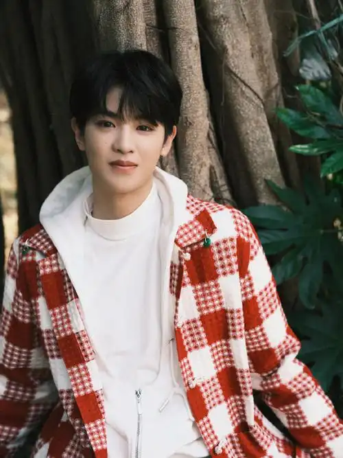 黄明昊竹林写真身穿红色格子上衣的小贾元气满满