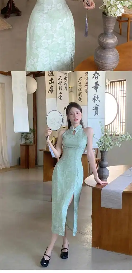新中式国风清冷感绿色改良旗袍性感风情万种绝美挂脖连衣裙女夏季
