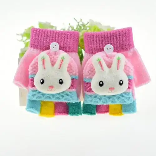 儿童手套冬保暖半指翻盖两用可爱幼儿男孩女孩五指针织小学生