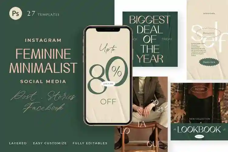 清新时尚高端简约instagram社交媒体banner海报设计模板集合psd