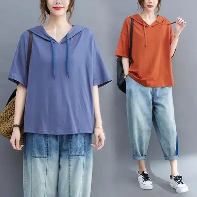 大码女装夏季纯色连帽短袖t恤女宽松韩版遮肚显瘦洋气打底衫上衣