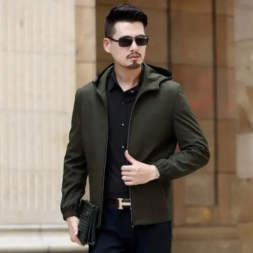 春秋新款男士外套纯色休闲连帽上衣商务薄款男装春秋季中年夹克男