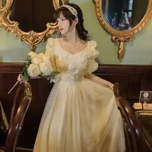 法式宫廷风复古泡泡袖轻奢流光纱仙女连衣裙名媛在逃公主轻lo礼服