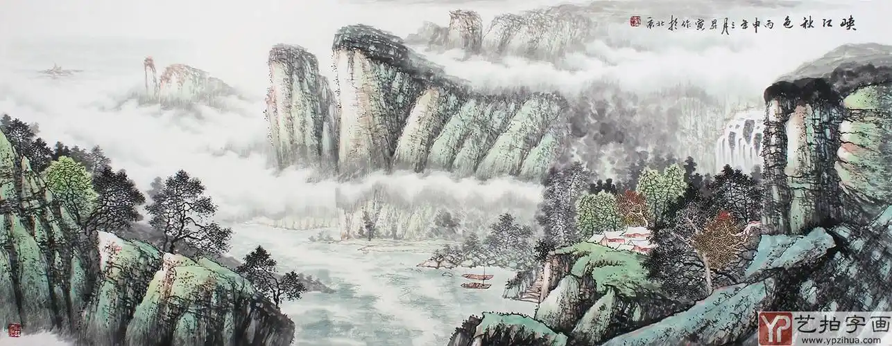 山水名家周升寅六尺横幅山水画《峡江秋色》-写意山水画-艺拍字画网