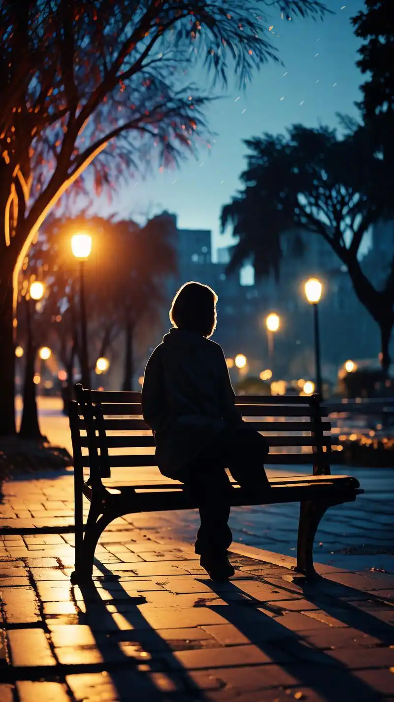 93夜晚公园长椅上的哀伤壁纸92 在寂静的夜晚,公园的长椅上坐着一
