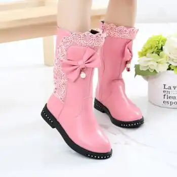 秋冬雪地靴高筒靴长靴韩版女童单靴中大童马丁靴 蝴蝶加绒靴粉色二棉