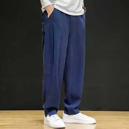 男运动裤夏款风夏季亚麻男裤子宽松男士棉麻休闲裤阔腿大码长裤