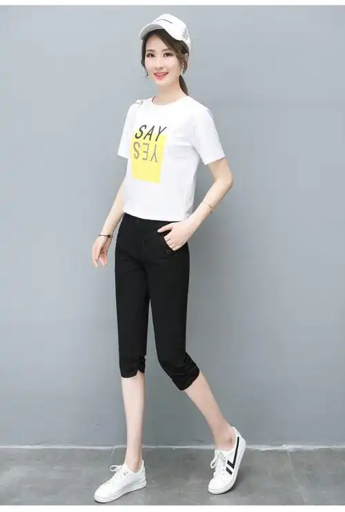 高腰女士直筒哈伦夏天休闲裤子中裤马裤黑色高品质纽扣款s建议8090斤