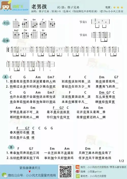 老男孩尤克里里谱-筷子兄弟-当年这首歌唱哭了无数观众1