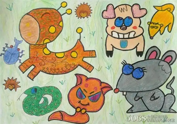 动物乐园绘画,3年级小学生蜡笔画优秀作品