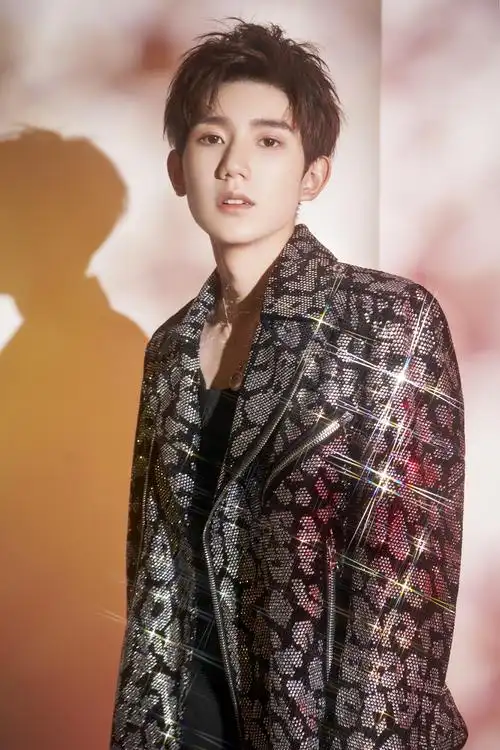 王源水钻豹纹皮衣帅气写真