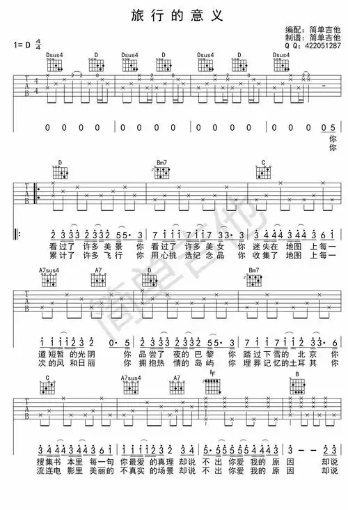 陈绮贞旅行的意义吉他谱陈绮贞d调完美版吉他谱